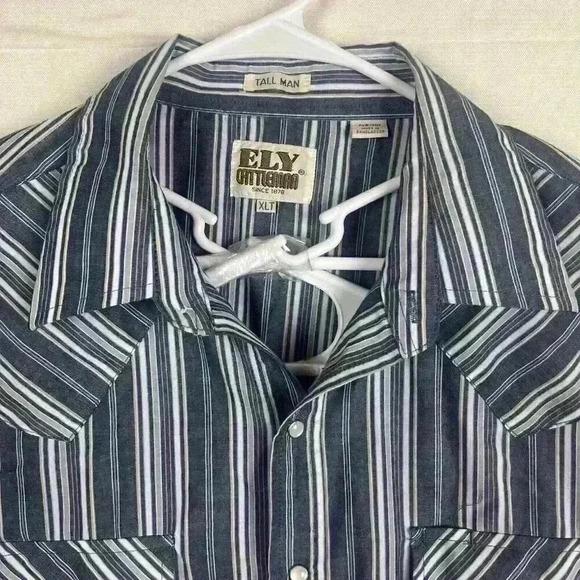Ely Cattleman Pearl Snap Western Shirt Men XLT Tall Man Striped Blue Rodeo - Picture 2 of 9